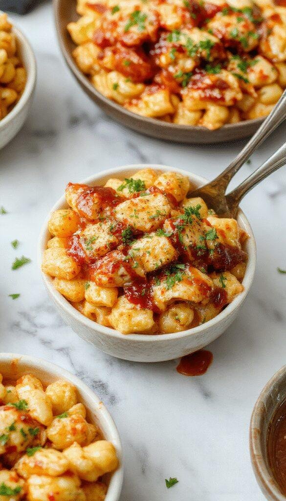 A bowl of creamy mac and cheese topped with crispy BBQ chicken pieces, garnished with fresh herbs, served alongside smoky barbecue sauce.