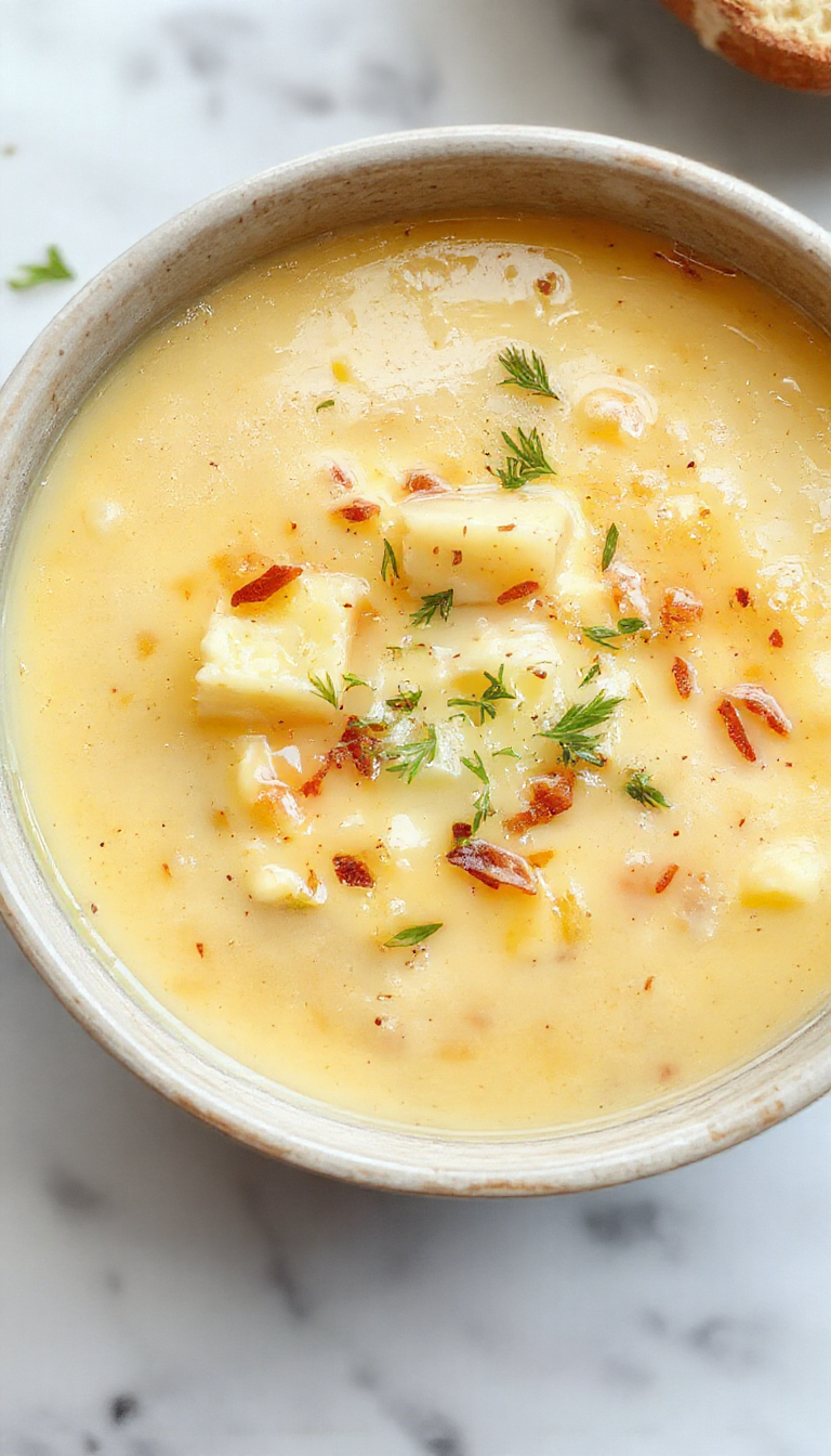 A creamy bowl of velvety potato and cheese soup garnished with fresh herbs in a cozy kitchen setting