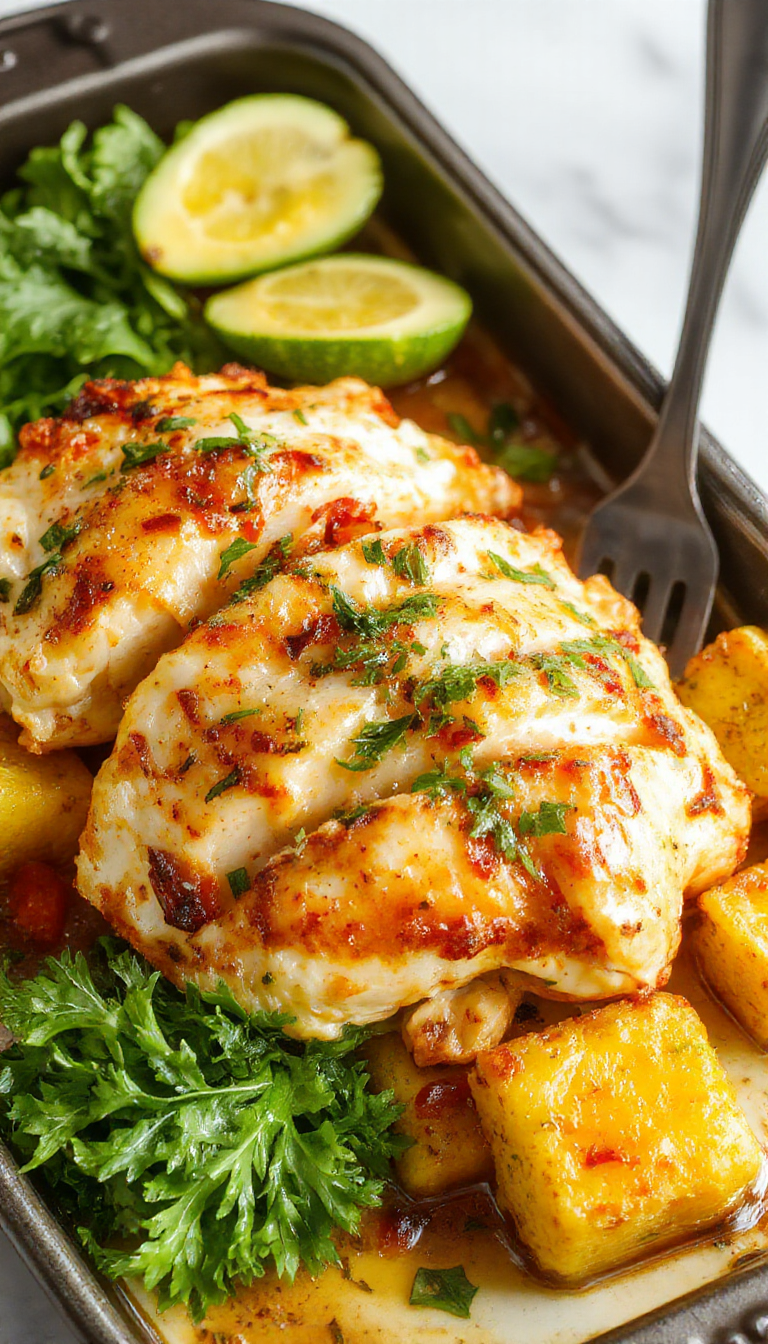 Colorful Hawaiian Chicken Sheet Pan featuring golden-brown chicken pieces topped with vibrant pineapple chunks, red bell peppers, green onions, and a glossy glaze, arranged neatly on a rustic white platter with tropical garnishes, set against a bright, summery backdrop enhancing the vibrant colors and tropical theme.