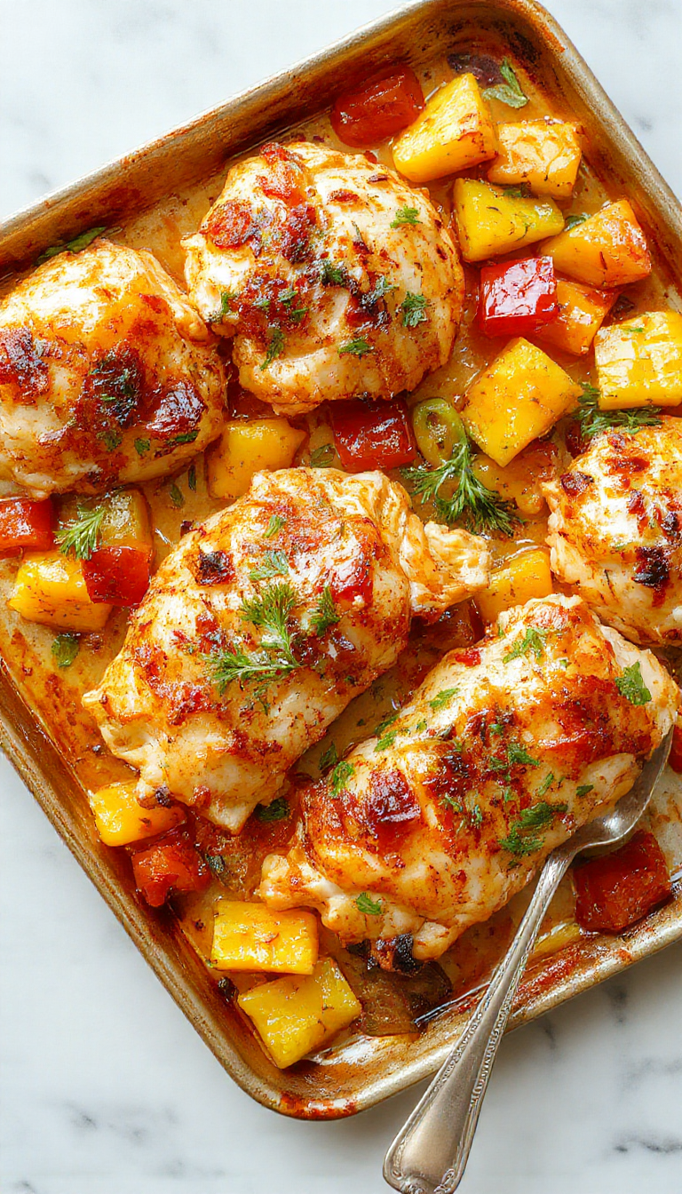 Colorful sheet pan meal featuring golden roasted chicken breasts topped with juicy pineapple chunks, red and green bell peppers, and a glossy glaze, garnished with fresh cilantro for a vibrant and inviting presentation.