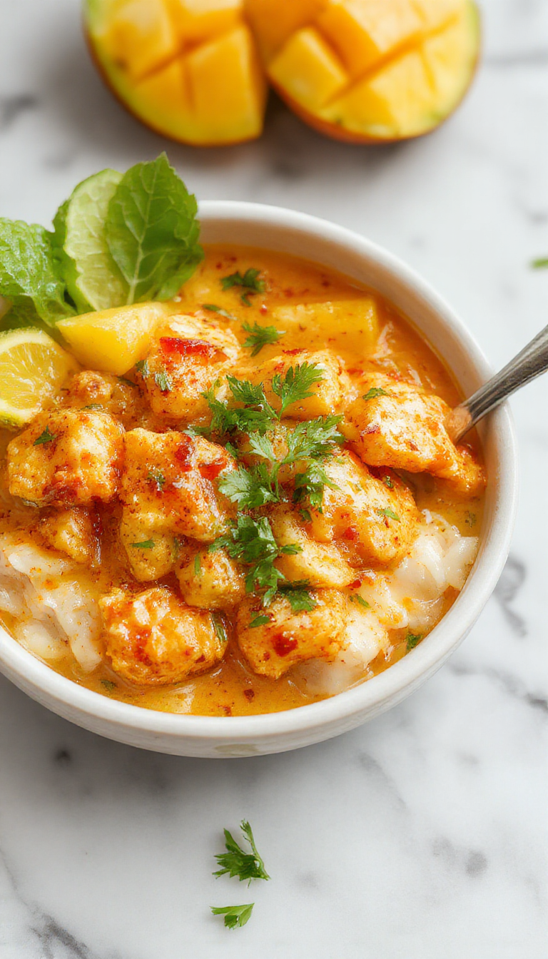 Vibrant orange mango chunks and tender chicken pieces in a rich, creamy curry sauce, garnished with fresh cilantro on a rustic white plate, with a background of colorful spices and tropical fruits.