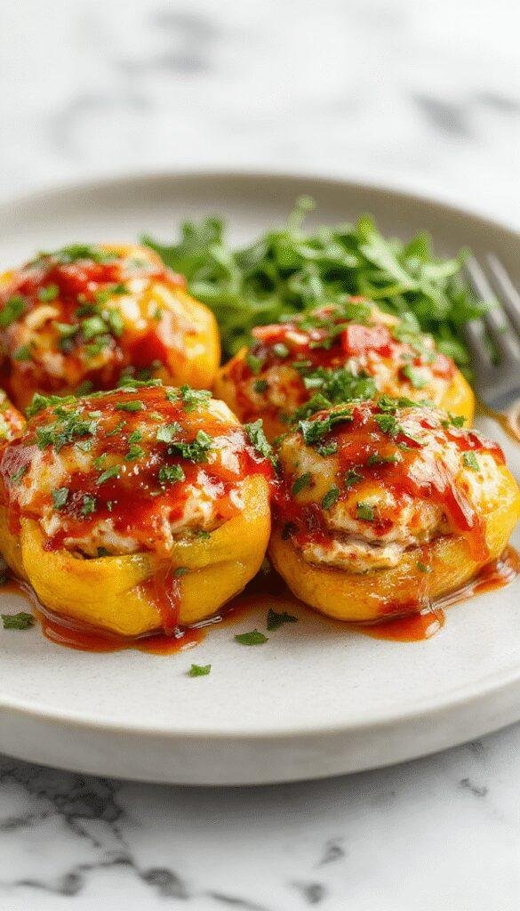 Colorful stuffed bell peppers filled with juicy teriyaki chicken, garnished with sesame seeds and green onions against a tropical-themed background.