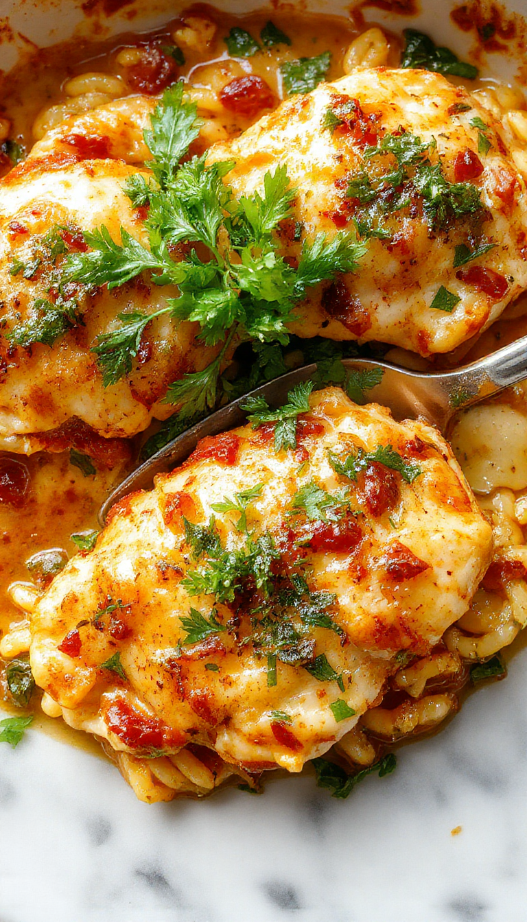 A vibrant plate featuring creamy Tuscan chicken and tender orzo pasta, garnished with fresh basil and sun-dried tomatoes, served in a rustic white bowl on a wooden table, with colorful ingredients scattered around, emphasizing warm tones and rich textures.