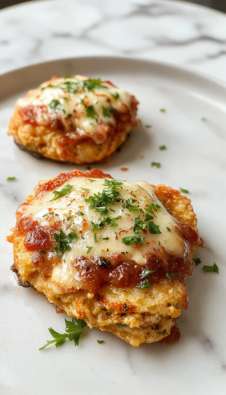 A golden-brown baked chicken parmesan plated on a white dish, topped with melted mozzarella and marinara sauce, garnished with fresh basil leaves, with a side of spaghetti and a sprinkle of Parmesan cheese, vibrant red sauce contrasting with the crispy chicken and green basil, styled elegantly on a rustic wooden table.