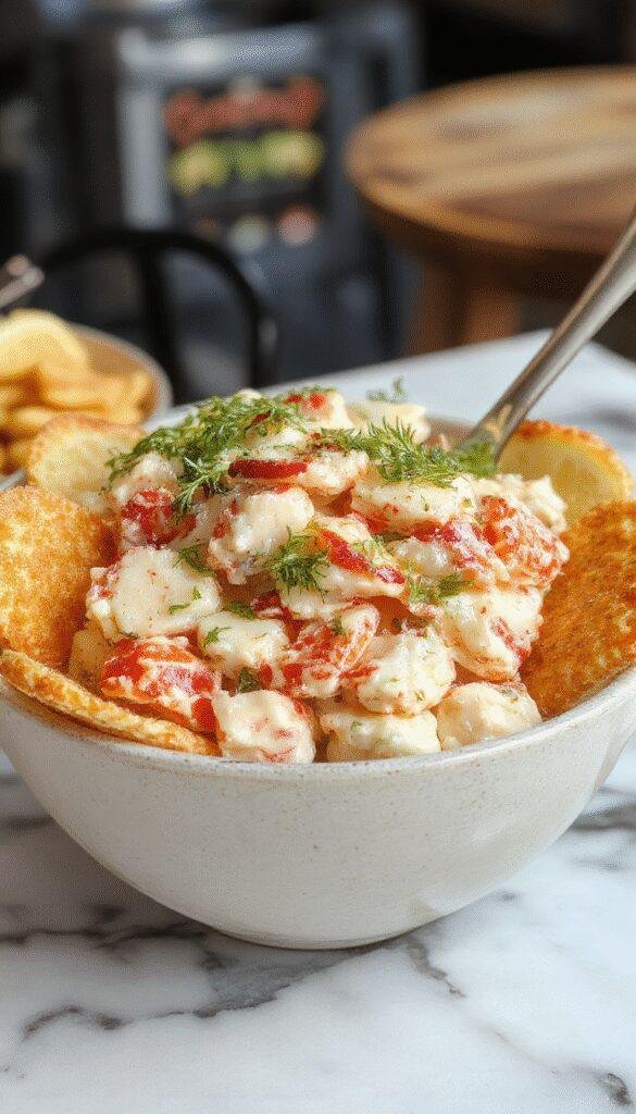 A vibrant crab salad served in a clear glass bowl, garnished with fresh herbs, lemon wedges, and colorful vegetables, displaying tender crab meat on a bed of crisp greens with a light dressing, set on a rustic wooden table with bright, natural lighting.