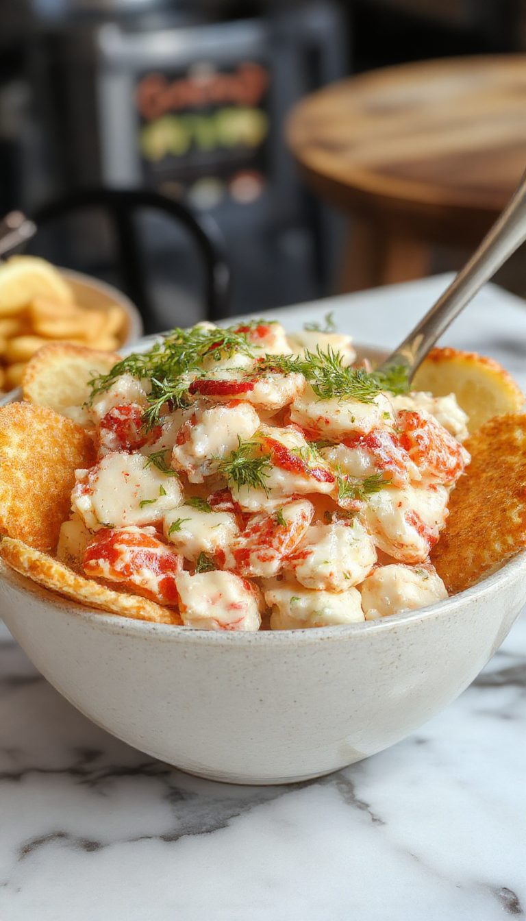 A vibrant crab salad served in a clear glass bowl, garnished with fresh herbs, lemon wedges, and colorful vegetables, displaying tender crab meat on a bed of crisp greens with a light dressing, set on a rustic wooden table with bright, natural lighting.