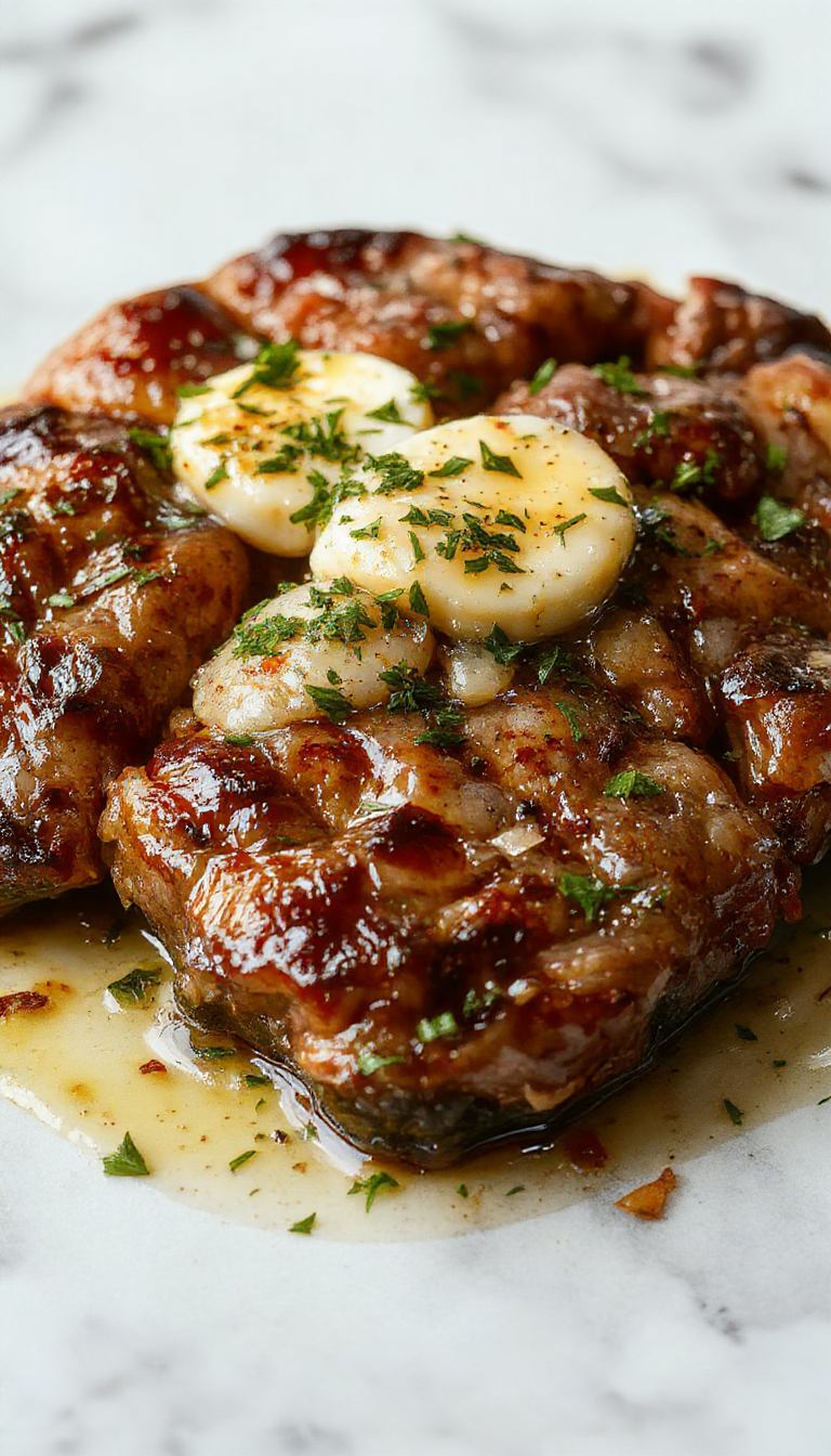 A perfectly seared beef steak topped with melted garlic butter, garnished with fresh herbs, served on a rustic wooden plate with a side of green vegetables, showcasing a juicy, tender texture with a glossy, flavorful coating.