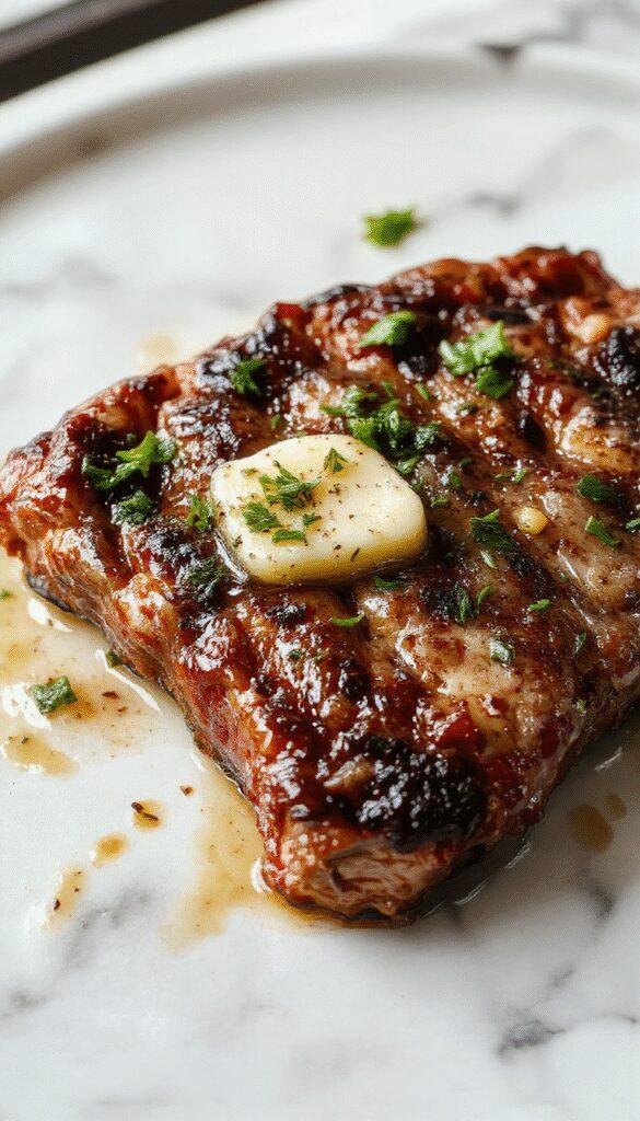 A perfectly cooked garlic butter steak sits on a rustic wooden board, glazed with melted garlic butter, garnished with fresh rosemary and cracked black pepper, with a side of charred vegetables， showcasing a juicy, tender interior and crispy crust, styled with herbs and lemon wedges