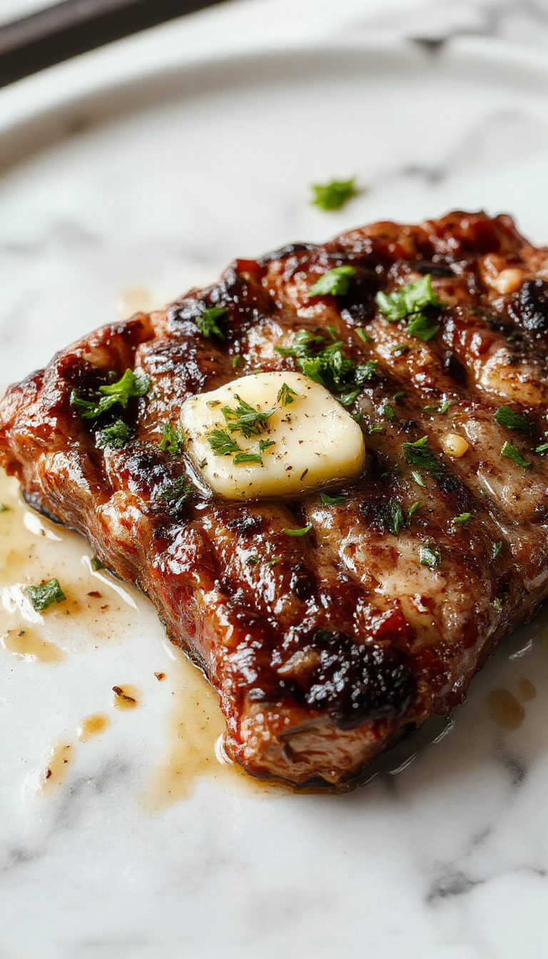 A perfectly cooked garlic butter steak sits on a rustic wooden board, glazed with melted garlic butter, garnished with fresh rosemary and cracked black pepper, with a side of charred vegetables， showcasing a juicy, tender interior and crispy crust, styled with herbs and lemon wedges