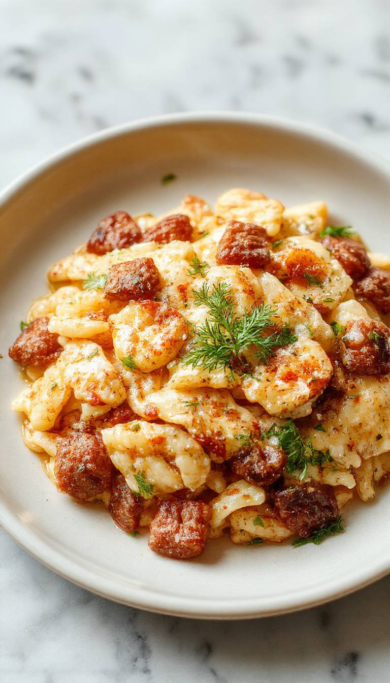A vibrant plate of cooked orzo pasta topped with sautéed vegetables, fresh herbs, and a drizzle of olive oil, served on a rustic white dish with colorful side garnishes showing textures of tender pasta and crisp vegetables.