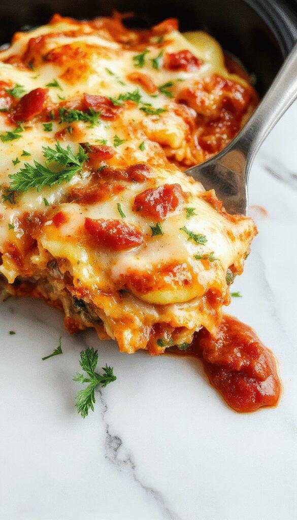 A savory slow cooker cheezy ravioli lasagna, layers of pasta, cheese, and marinara sauce in a rustic ceramic dish.