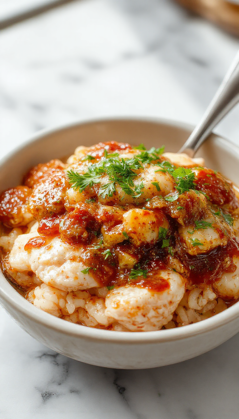 A close-up of a hearty plate featuring tender smothered chicken breasts topped with rich gravy, served alongside fluffy steamed rice, garnished with fresh herbs on a rustic wooden table with vibrant colors and appealing textures.