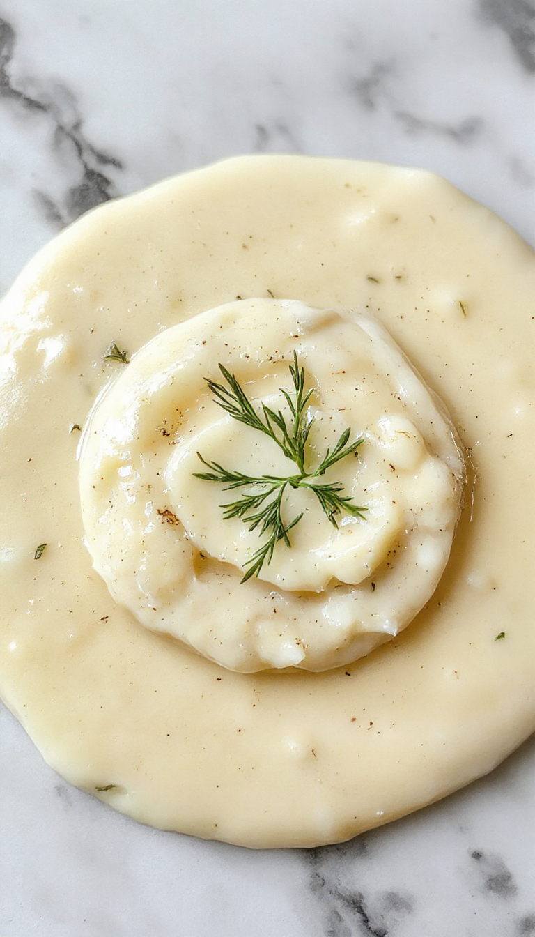A close-up of a creamy white garlic pizza sauce spread evenly over a freshly baked pizza crust, garnished with chopped parsley, with bubbling edges and a glossy finish, studio lighting highlighting the smooth texture and vibrant garlic-infused color