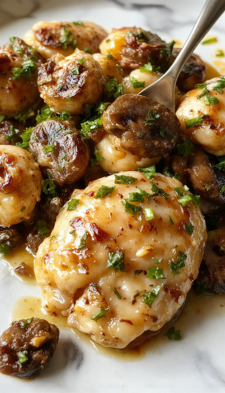 A plate of velvety garlic mushroom chicken garnished with fresh herbs, served alongside roasted vegetables and a side of mashed potatoes.