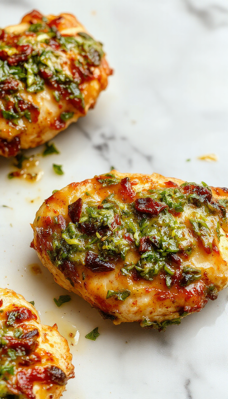 A serving of Velvety Pesto Chicken on a plate, garnished with fresh basil and cherry tomatoes, with a side of creamy mashed potatoes.