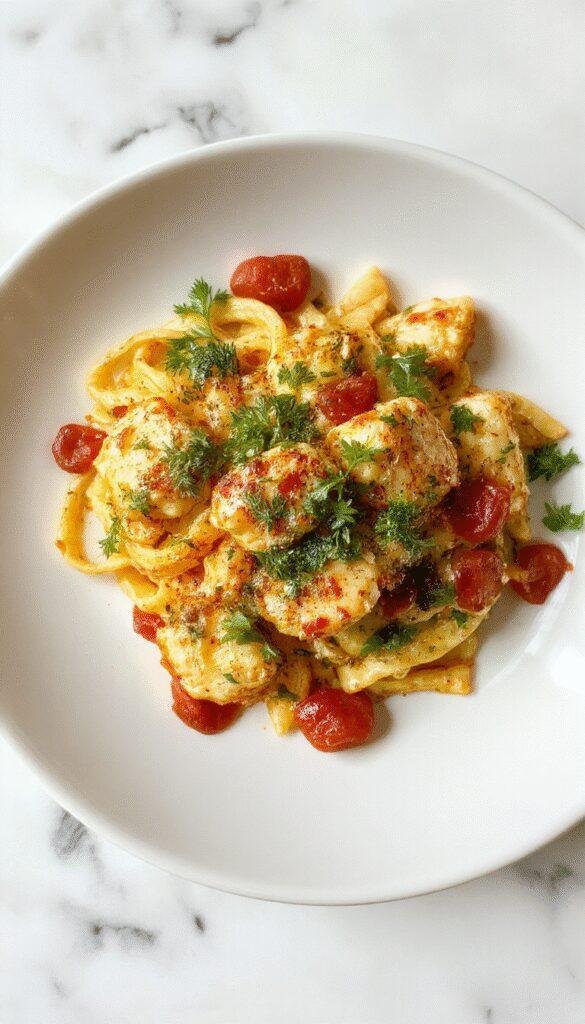 Colorful Mediterranean chicken pasta dish with grilled chicken, cherry tomatoes, olives, and fresh herbs on a vibrant plate.