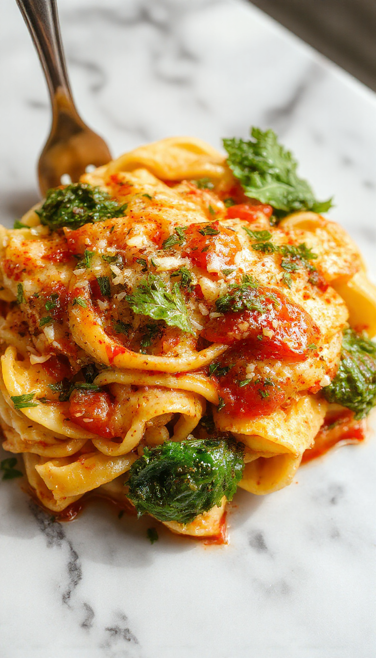 A colorful plate of pasta primavera featuring al dente spaghetti topped with vibrant yellow zucchini, red bell peppers, green broccoli florets, and cherry tomatoes, garnished with fresh basil leaves and a drizzle of olive oil. The dish is served on a rustic white plate with a backdrop of a wooden table and bright natural lighting highlighting the fresh ingredients and textures.