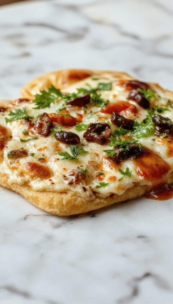 A freshly baked high-protein flatbread topped with herbs and seeds, sliced open to reveal a chewy, nutritious interior