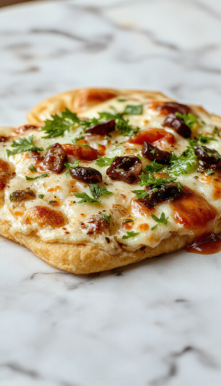 A freshly baked high-protein flatbread topped with herbs and seeds, sliced open to reveal a chewy, nutritious interior