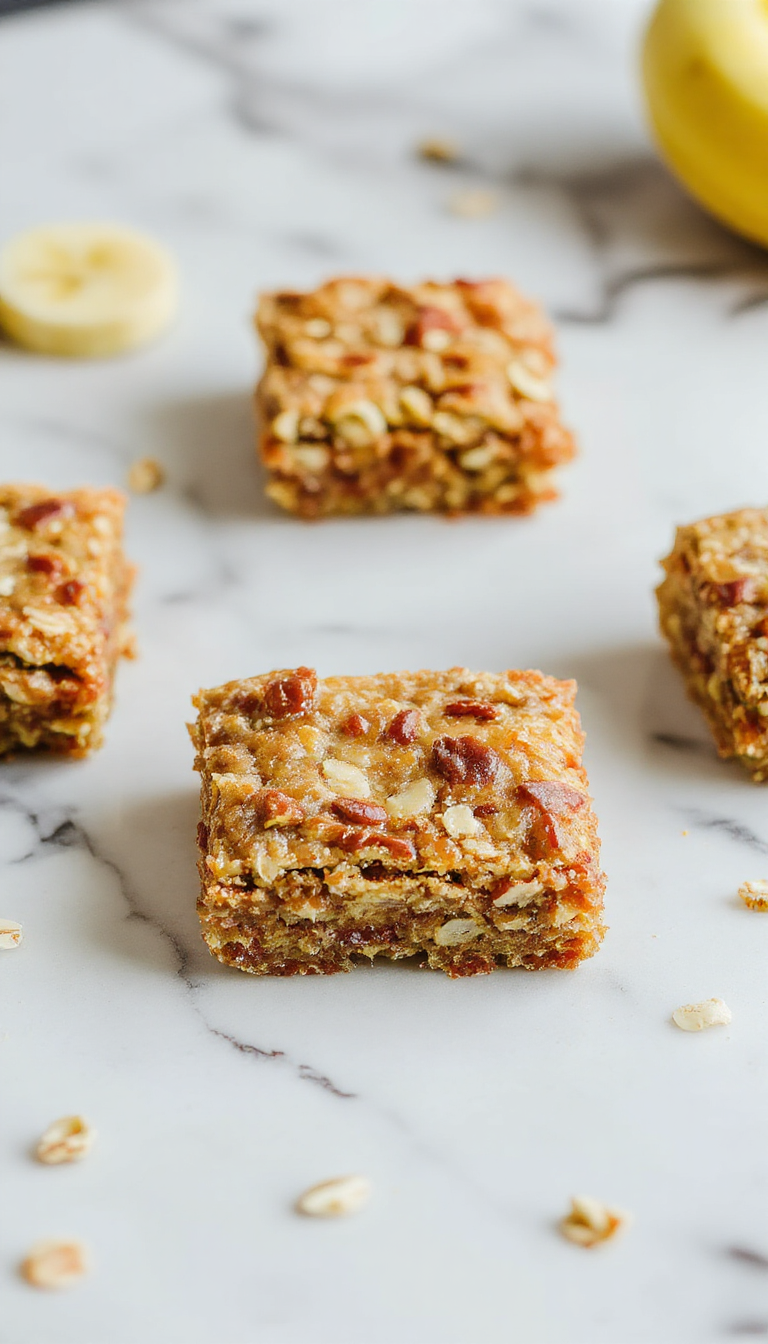 Golden banana oat bars arranged on a rustic wooden surface with slices of banana and oats scattered around, showcasing their wholesome texture.