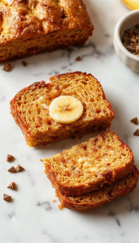 A slice of golden Greek yogurt banana bread on a wooden plate, garnished with banana slices and a drizzle of honey, with a bowl of the loaf in the background.