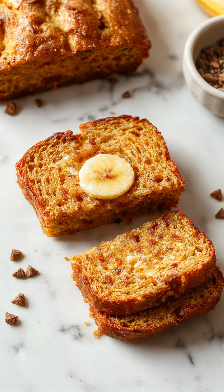 A slice of golden Greek yogurt banana bread on a wooden plate, garnished with banana slices and a drizzle of honey, with a bowl of the loaf in the background.