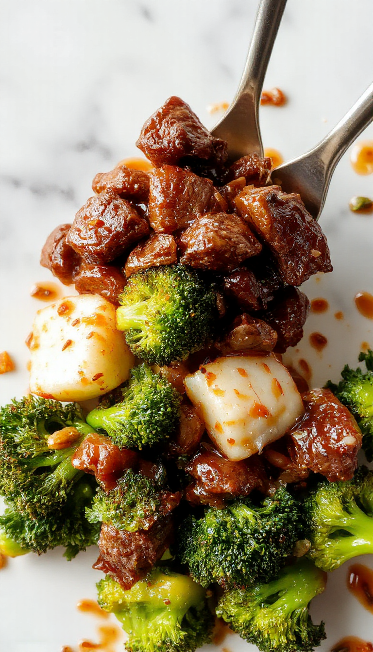 A sizzling skillet of honey garlic beef paired with vibrant broccoli florets, garnished with sesame seeds, ready for serving on a modern plate.