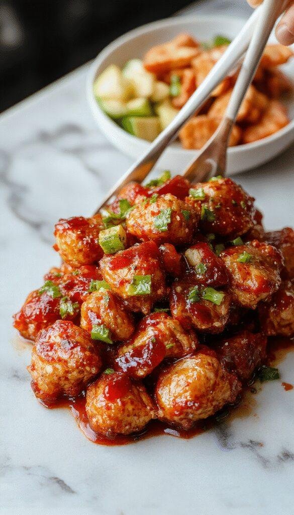 A vibrant plate of Zesty Asian Sweet Chili Chicken garnished with chopped scallions and sesame seeds, served with steamed rice and colorful vegetables.