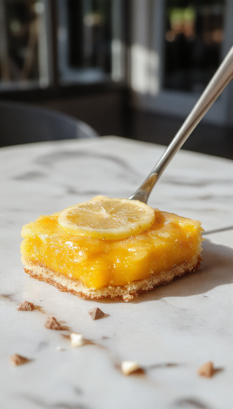 A luscious lemon bar with a golden crust topped with a vibrant, glossy lemon filling, garnished with a sprinkle of powdered sugar and lemon zest.