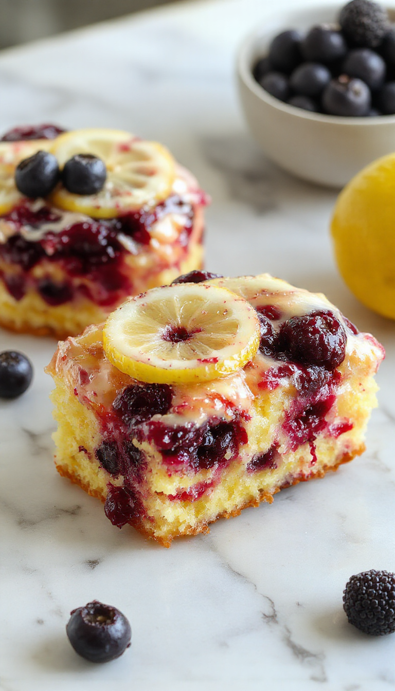 A vibrant slice of Lemon Blueberry Cake featuring bright yellow lemon frosting topped with fresh blueberries and lemon zest, artfully plated with berry accents. The moist cake layers showcase swirls of blueberry filling, with a textured creamy frosting. Elegant cake stand, soft natural lighting, garnished with mint leaves for a fresh touch.