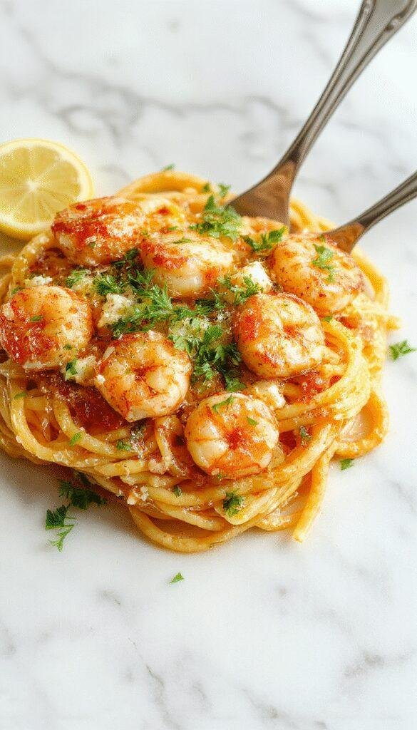 A vibrant bowl of lemon feta orzo shrimp featuring plump, pink shrimp atop creamy orzo pasta, garnished with fresh parsley and crumbled feta cheese. The dish is beautifully plated in a white bowl with a bright yellow lemon wedge on the side, colorful herbs adding a fresh touch, glossy textures from the olive oil, and a sprinkle of black pepper for contrast.