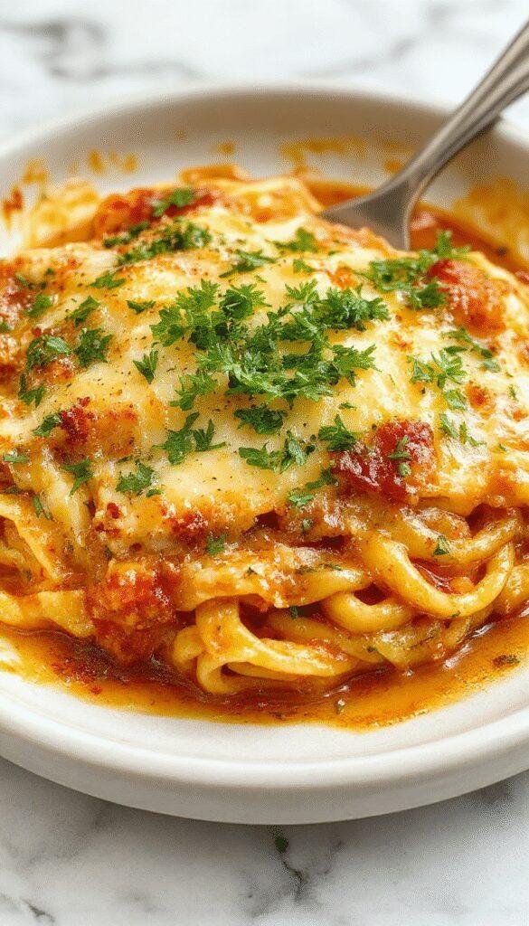 A plate of Zesty Southern Baked Spaghetti topped with melted cheese and fresh herbs, served on a rustic wooden table.