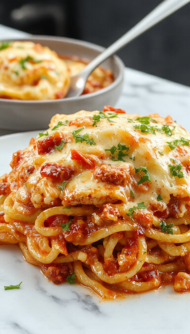 A delicious Zesty Southern Chicken Spaghetti Bake served in a casserole dish topped with melted cheese and garnished with herbs, steaming hot and inviting.