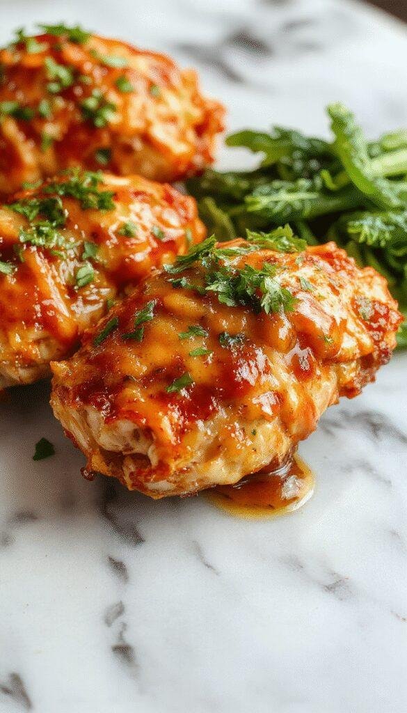 A plate of Zesty Sweet Chicken garnished with fresh herbs, served alongside colorful vegetables and a glossy glaze.