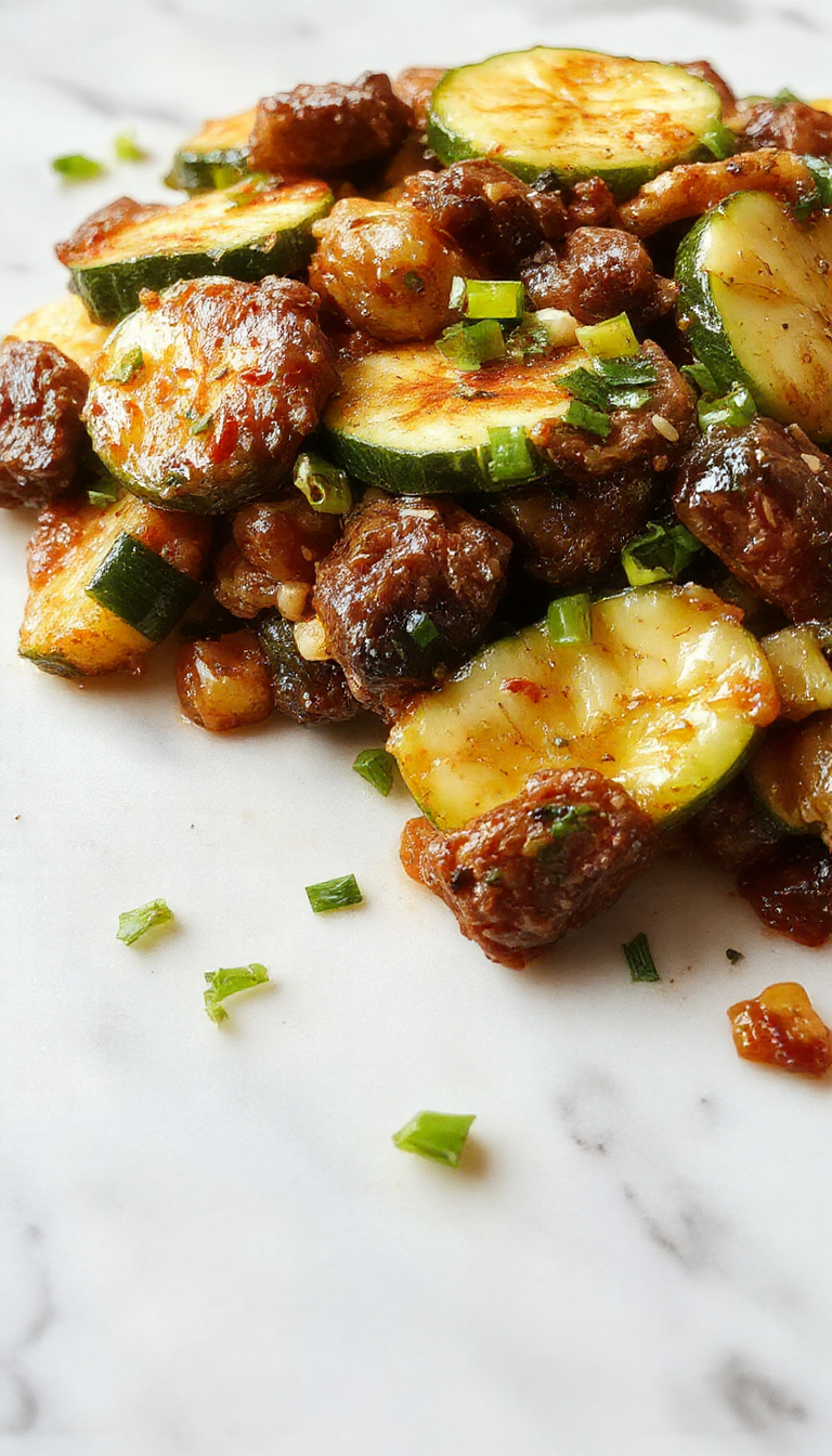 Colorful zucchini and tender beef stir-fry with vibrant vegetables on a white plate garnished with fresh herbs.