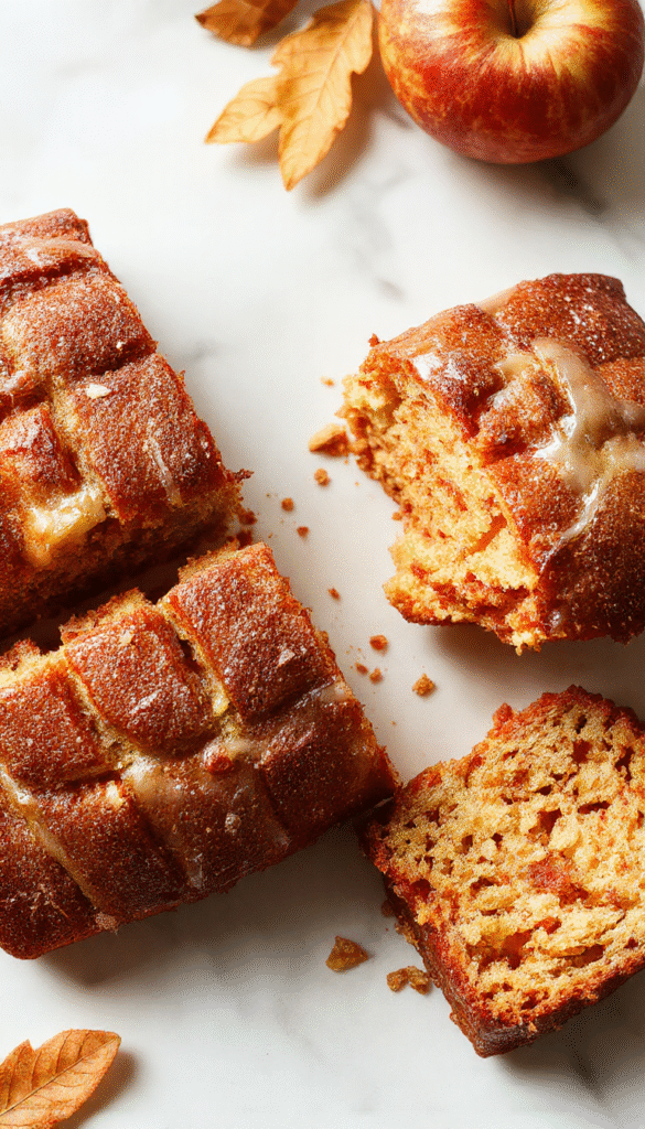 A golden-brown pound cake topped with sliced green apples and a drizzle of caramel, sitting on a rustic wooden table with autumn leaves in the background, showcasing a moist texture and appealing crumb.