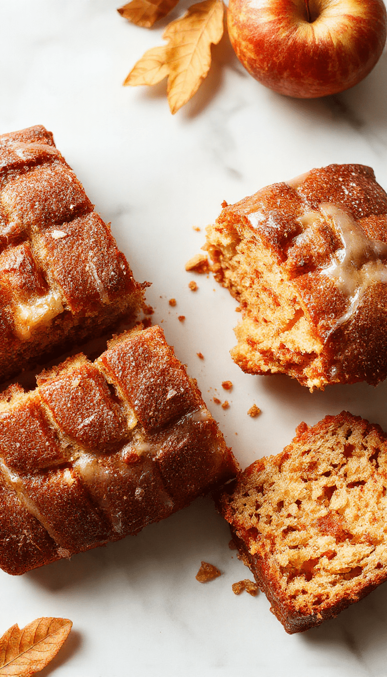 A golden-brown pound cake topped with sliced green apples and a drizzle of caramel, sitting on a rustic wooden table with autumn leaves in the background, showcasing a moist texture and appealing crumb.