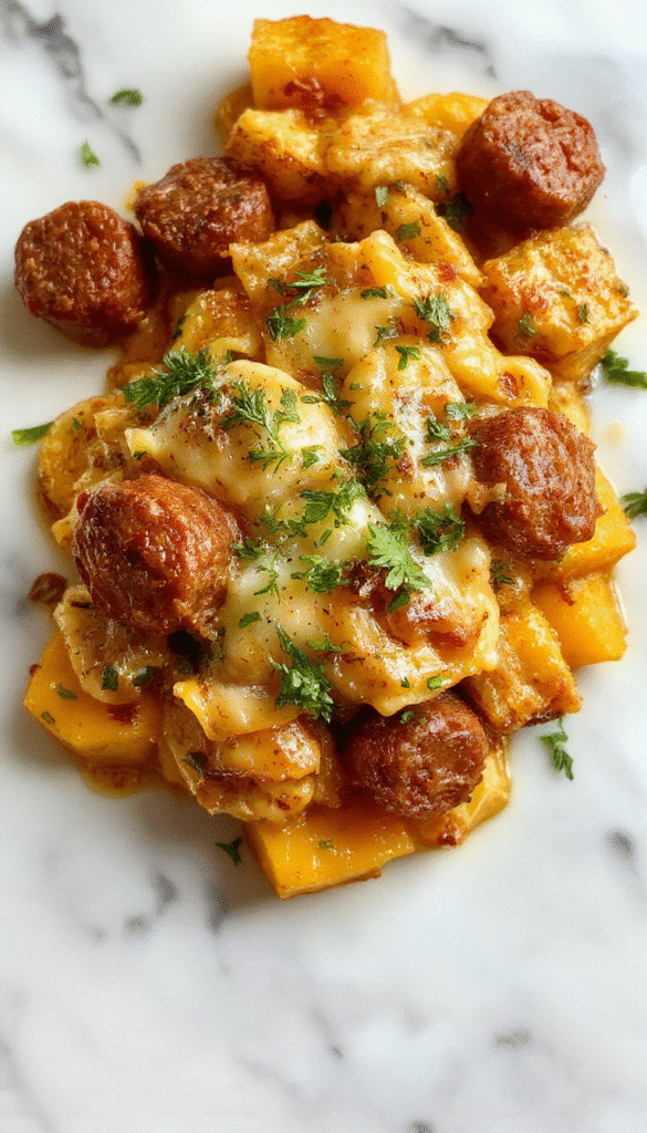 A vibrant plate of autumn sausage pasta squash featuring roasted squash rings topped with savory sausage and melted cheese, garnished with fresh herbs, with a colorful fall-themed backdrop.