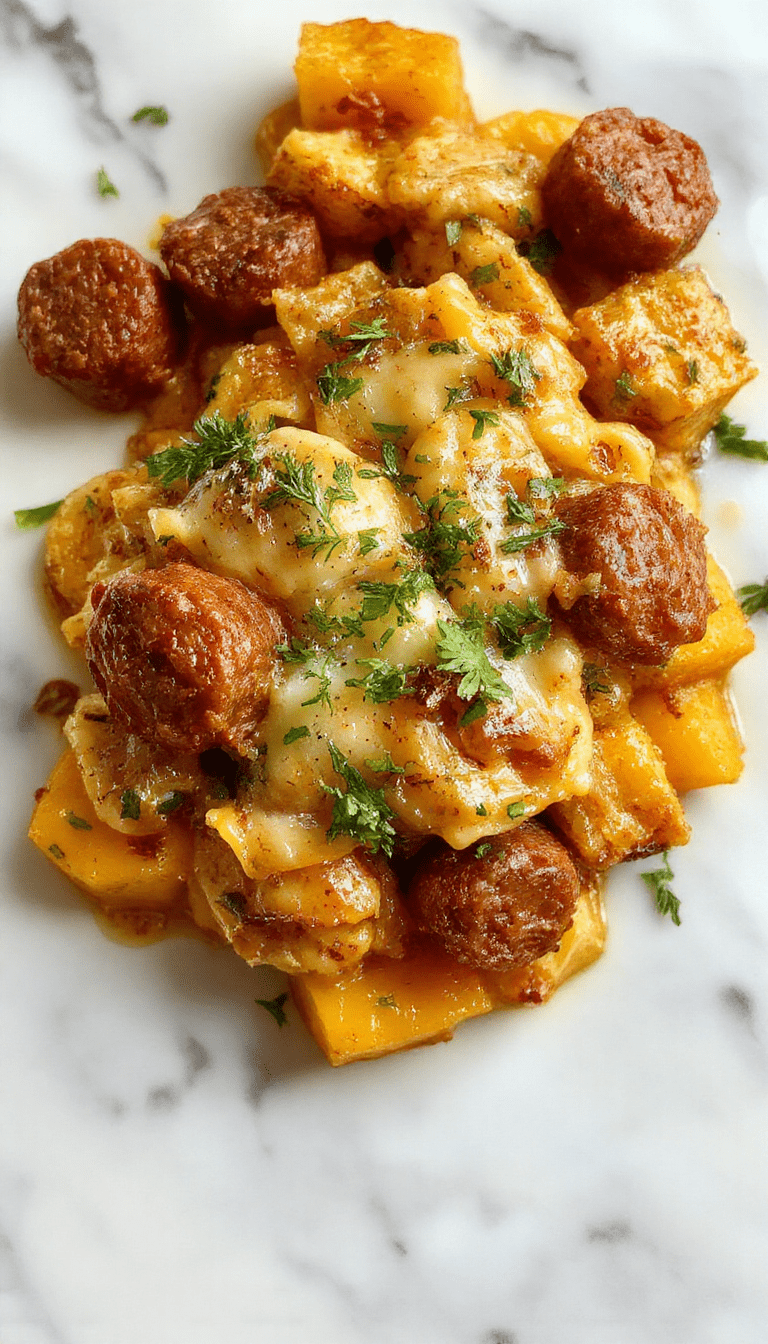 A vibrant plate of autumn sausage pasta squash featuring roasted squash rings topped with savory sausage and melted cheese, garnished with fresh herbs, with a colorful fall-themed backdrop.
