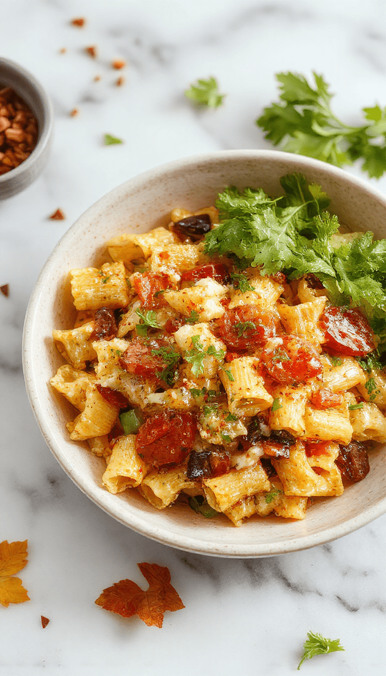 A vibrant fall-inspired pasta salad featuring colorful spiral pasta combined with bright orange butternut squash cubes, ruby-red cherry tomatoes, deep green spinach leaves, and toasted pecans garnished with fresh basil on a rustic wooden platter, with light drizzle of balsamic glaze showing textures of crunch and freshness