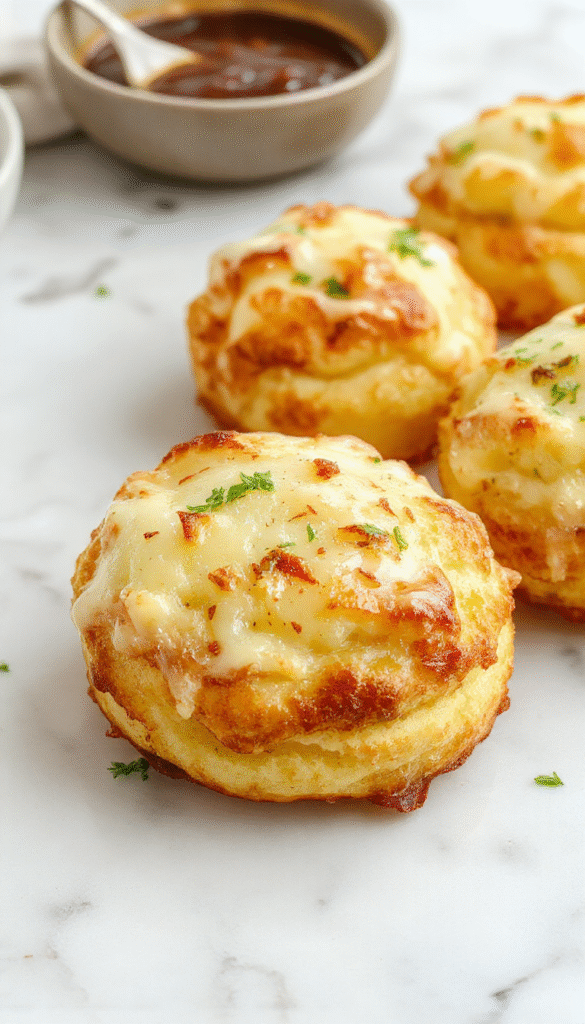 Golden-brown cheesy mashed potato puffs arranged on a rustic wooden platter, with a side of fresh herbs and a creamy dipping sauce, highlighting crispy textures and cheesy goodness in a vibrant, inviting presentation.
