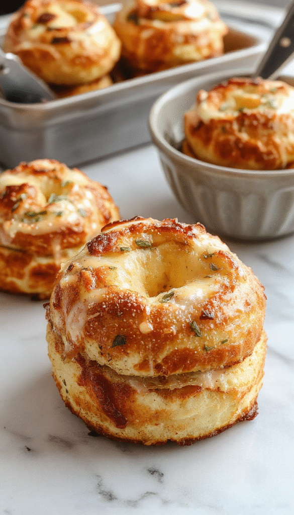 Golden-brown cheesy pull apart bread arranged in a circular presentation on a rustic wooden platter, with melted cheese oozing from the soft, flaky layers, garnished with fresh herbs and served alongside a small bowl of marinara sauce.