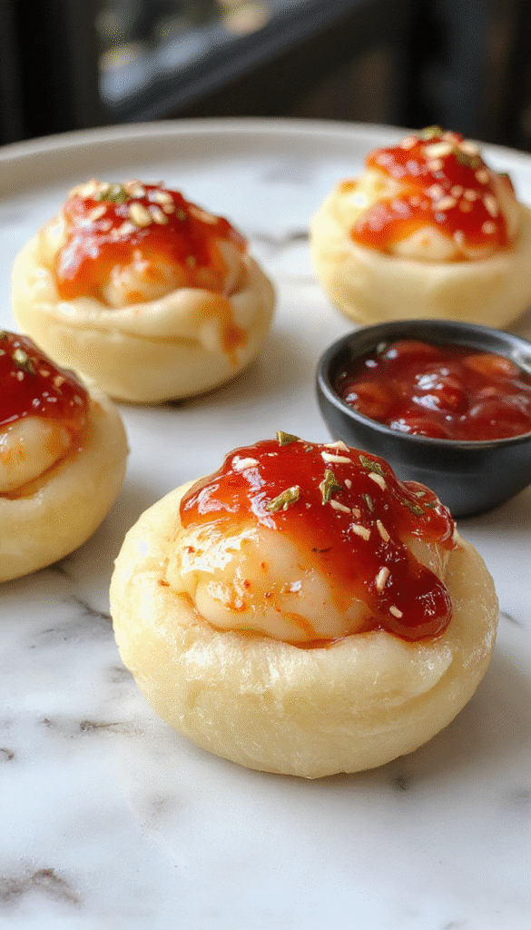 Colorful mini cheese-filled thumbprint appetizers arranged on a elegant white platter, topped with a shiny red hot pepper jelly glaze, garnished with fresh herbs. The golden-brown pastry shells contrast with the vibrant red jelly, creating an inviting and festive presentation perfect for parties or gatherings.