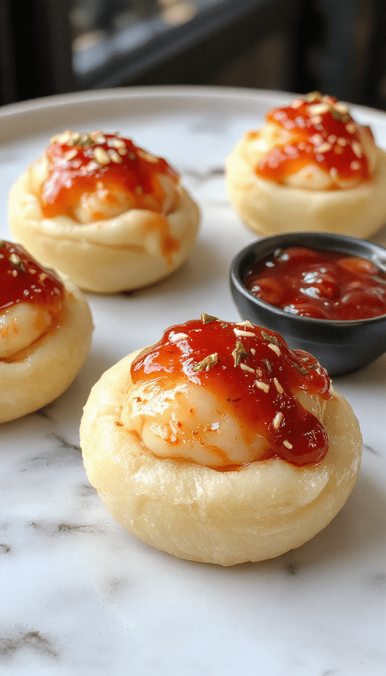 Colorful mini cheese-filled thumbprint appetizers arranged on a elegant white platter, topped with a shiny red hot pepper jelly glaze, garnished with fresh herbs. The golden-brown pastry shells contrast with the vibrant red jelly, creating an inviting and festive presentation perfect for parties or gatherings.