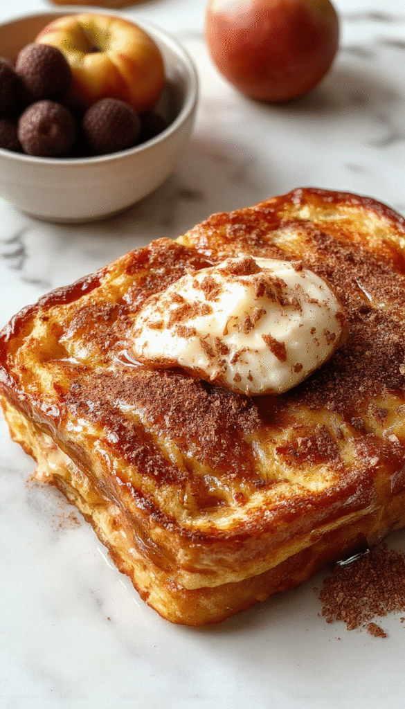 A vibrant, golden-brown cinnamon apple French toast bake sliced open to reveal tender bread layers infused with caramelized apple chunks and cinnamon, topped with powdered sugar and served on a rustic white plate with a cinnamon stick and fresh apple slices in the background, styled with a sprinkle of cinnamon for a warm, inviting look.