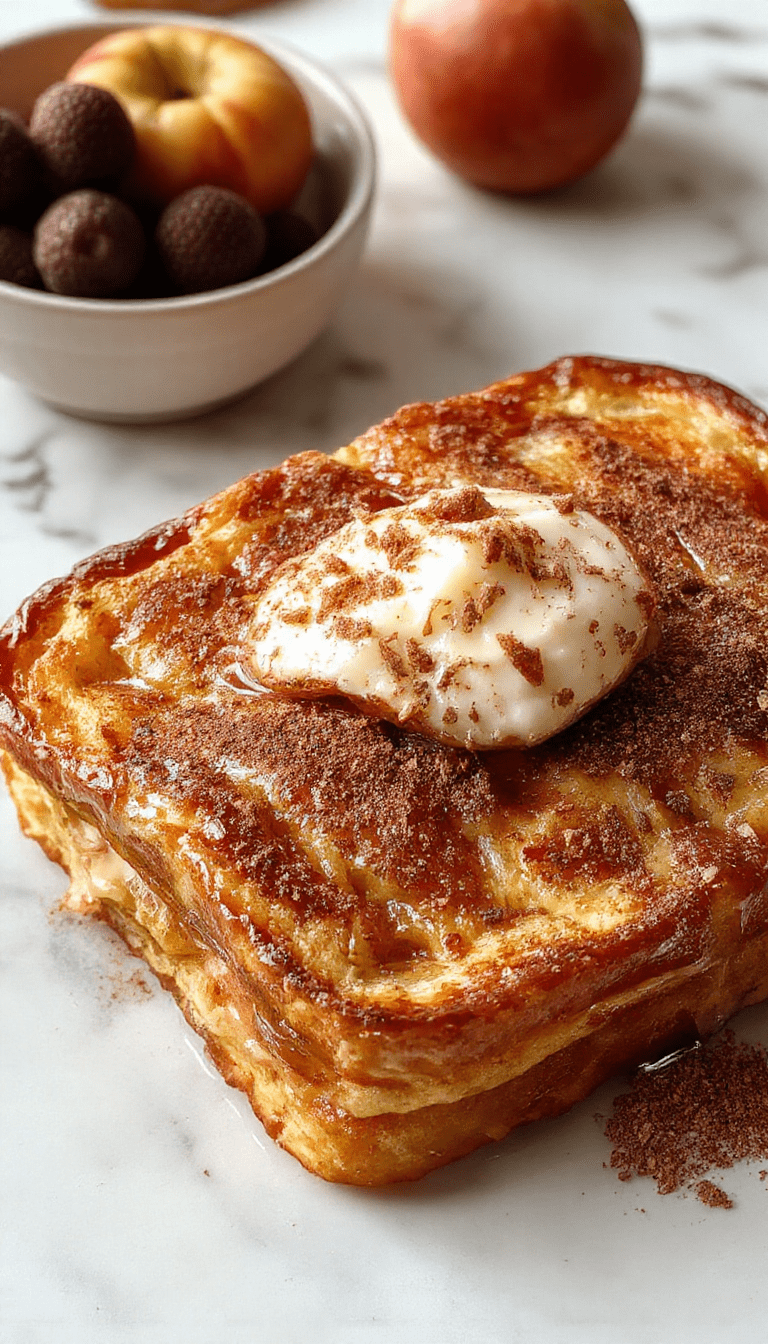 A vibrant, golden-brown cinnamon apple French toast bake sliced open to reveal tender bread layers infused with caramelized apple chunks and cinnamon, topped with powdered sugar and served on a rustic white plate with a cinnamon stick and fresh apple slices in the background, styled with a sprinkle of cinnamon for a warm, inviting look.