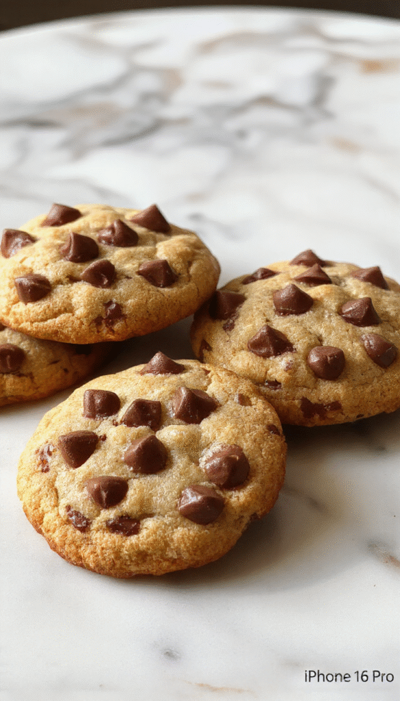 A close-up of golden-brown Neiman Marcus cookies with chocolate chips, stacked on a rustic wooden plate, with a glass of milk in the background, showcasing their crispy edges and gooey chocolate centers.