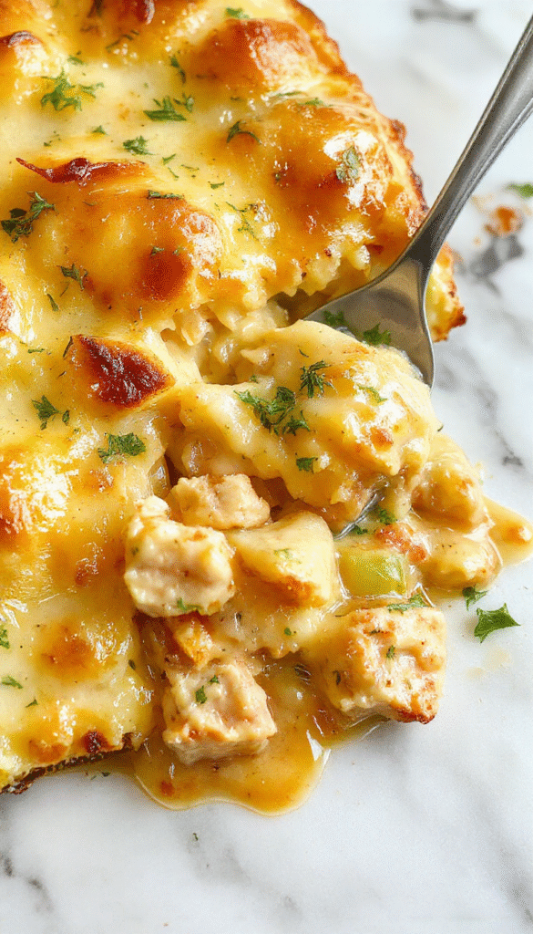 A vibrant, homestyle chicken pot pie casserole served in a rustic ceramic dish, topped with golden, flaky crust pieces, surrounded by fresh herbs, with creamy filling and colorful vegetables visible, styled with a spoon on a wooden table