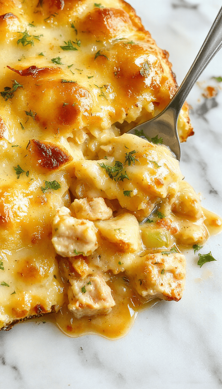 A vibrant, homestyle chicken pot pie casserole served in a rustic ceramic dish, topped with golden, flaky crust pieces, surrounded by fresh herbs, with creamy filling and colorful vegetables visible, styled with a spoon on a wooden table