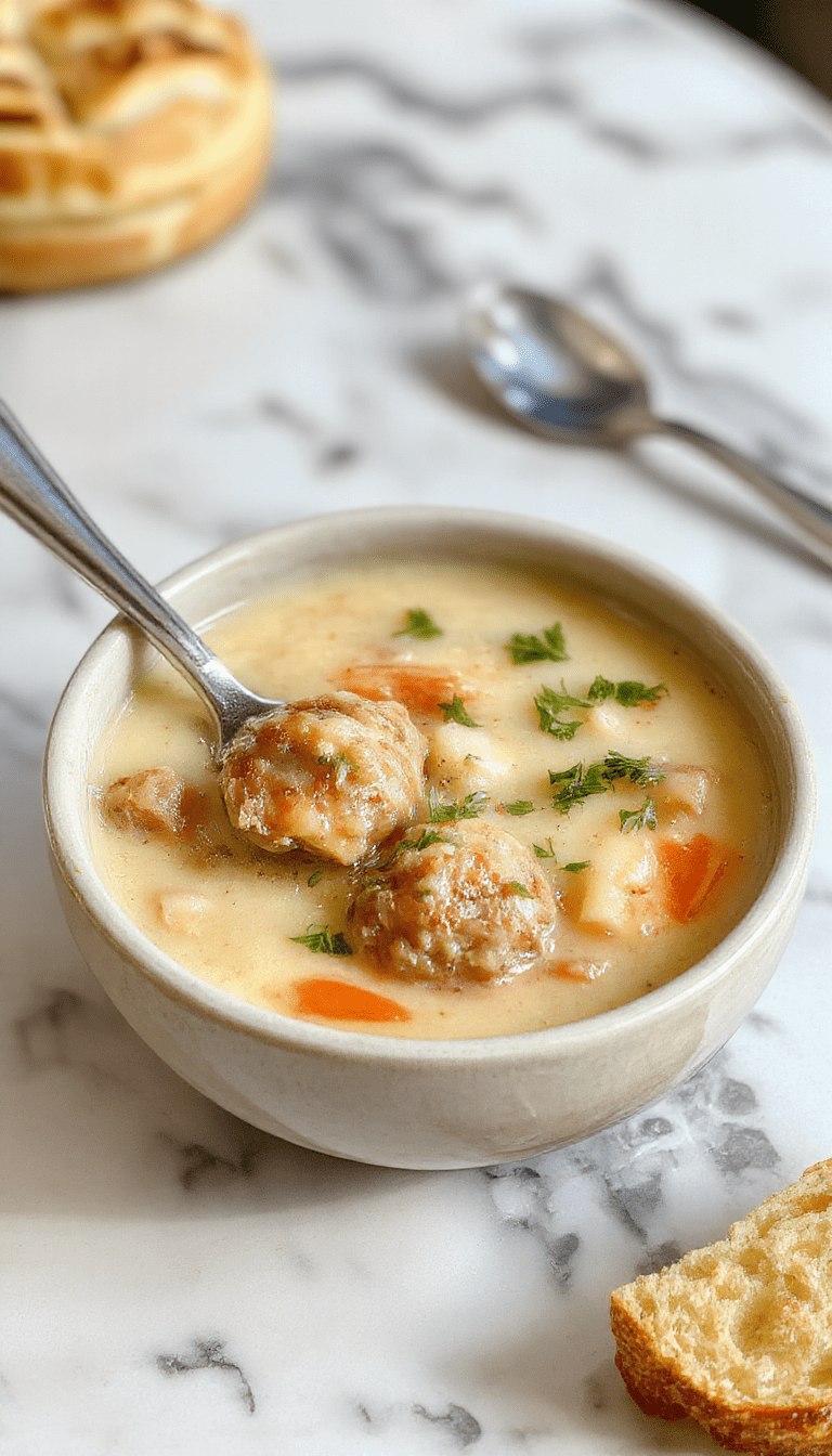A warm bowl of Swedish Meatball Soup featuring tender meatballs floating in a creamy broth garnished with fresh herbs, served on a rustic wooden table with a side of crusty bread, showcasing vibrant colors and inviting textures.